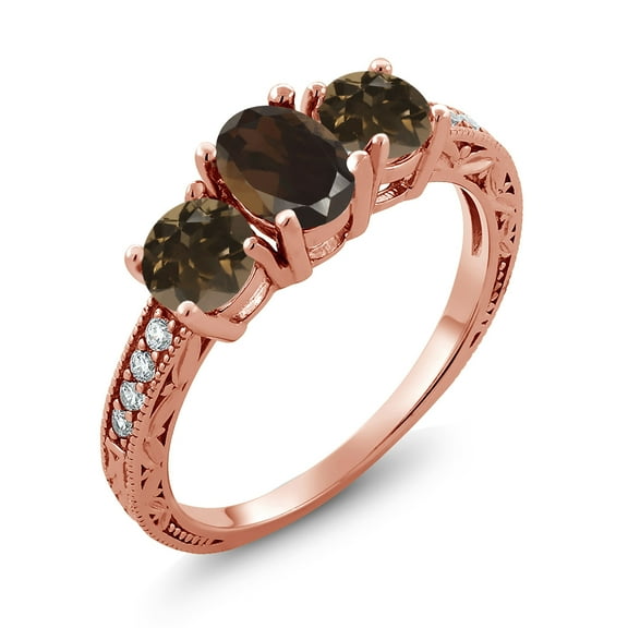 Gem Stone King 1.87 Ct Oval Brown Smoky Quartz 18K Rose Gold Plated Silver Moissanite Ring (Size 6)