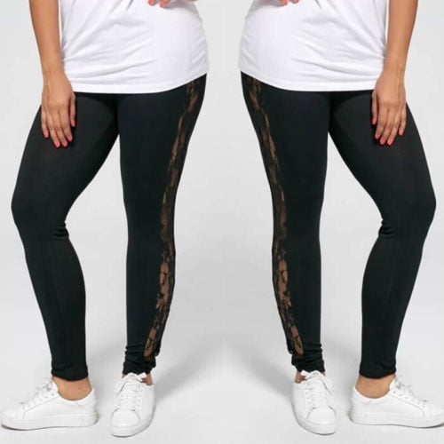 Womens Ladies Floral Lace Side Panel Fashion Cut Out Black Leggings Casual  Fashion See Through Sexy Pants