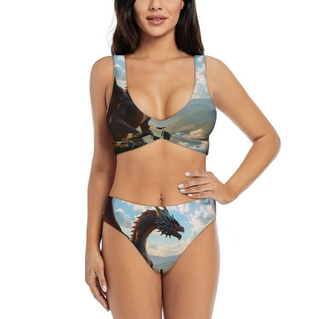 Zeuib Clear Sky Mountain Red Dragon High Waisted Tummy Control Bikini Set - Knot Front Push Up Top & Cheeky Thong Bottom  Two-Piece Swimsuit for Women-Medium