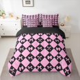 thumbnail image 3 of Manfei Teens Pink Black Bowknot Bedding Comforter Set 7 Pieces, Cartoon Buffalo Plaid Full Bedding Set, Kawaii Princess Ribbon Reversible Fitted Sheet Flat Sheet, Breathable Home Decor, 3 of 8