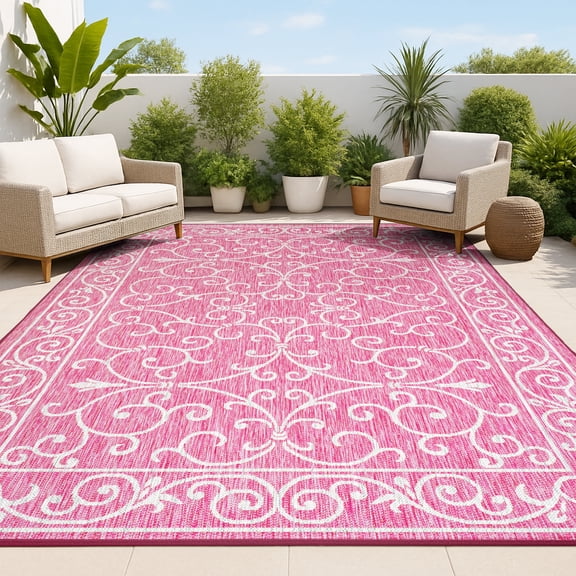 JONATHAN Y SANTA MONICA 9 x 12 Area Rug, Charleston Vintage Filigree Textured Weave - Fuchsia/Light Gray, SMB106J-9