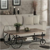 JERFIT Industrial Farmhouse Coffee Table with Shelf, Oak Top & Antique Gray Metal Frame on Wheels for Living Room
