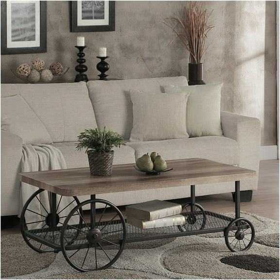 JERFIT Industrial Farmhouse Coffee Table with Shelf, Oak Top & Antique Gray Metal Frame on Wheels for Living Room