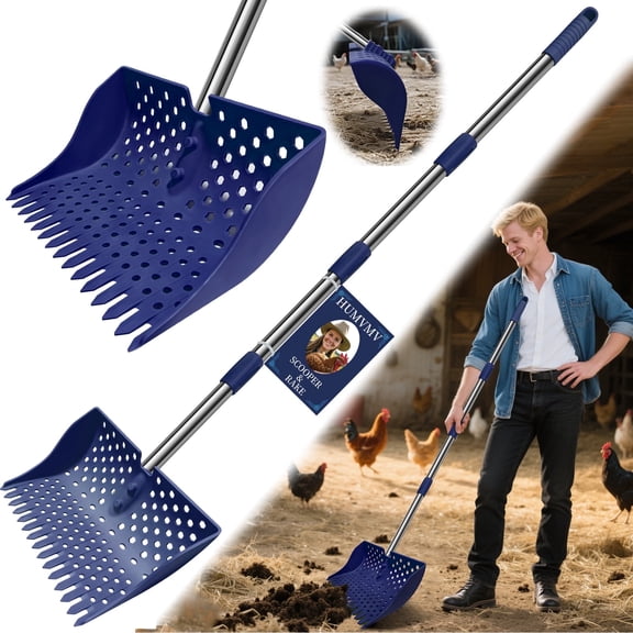 12-Inch 2-in-1 Chicken Poop Scooper & Rake – US Patent Pending – Chicken Coop Rake with 3 Sifting Hole Shapes，Stainless Steel Handle （20–61"）– Litter Scooper Sand & Sifting Shovel for Chicken Coops