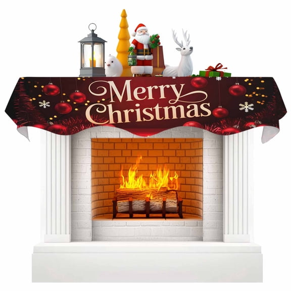 Merry Christmas Fireplace Mantle Scarf, Vintage Red Ball Xmas Snowflakes Holiday Mantel Cover Table Runner for Home Living Room Door Window, Indoor Outdoor Holiday Party Decor 17" x 70"