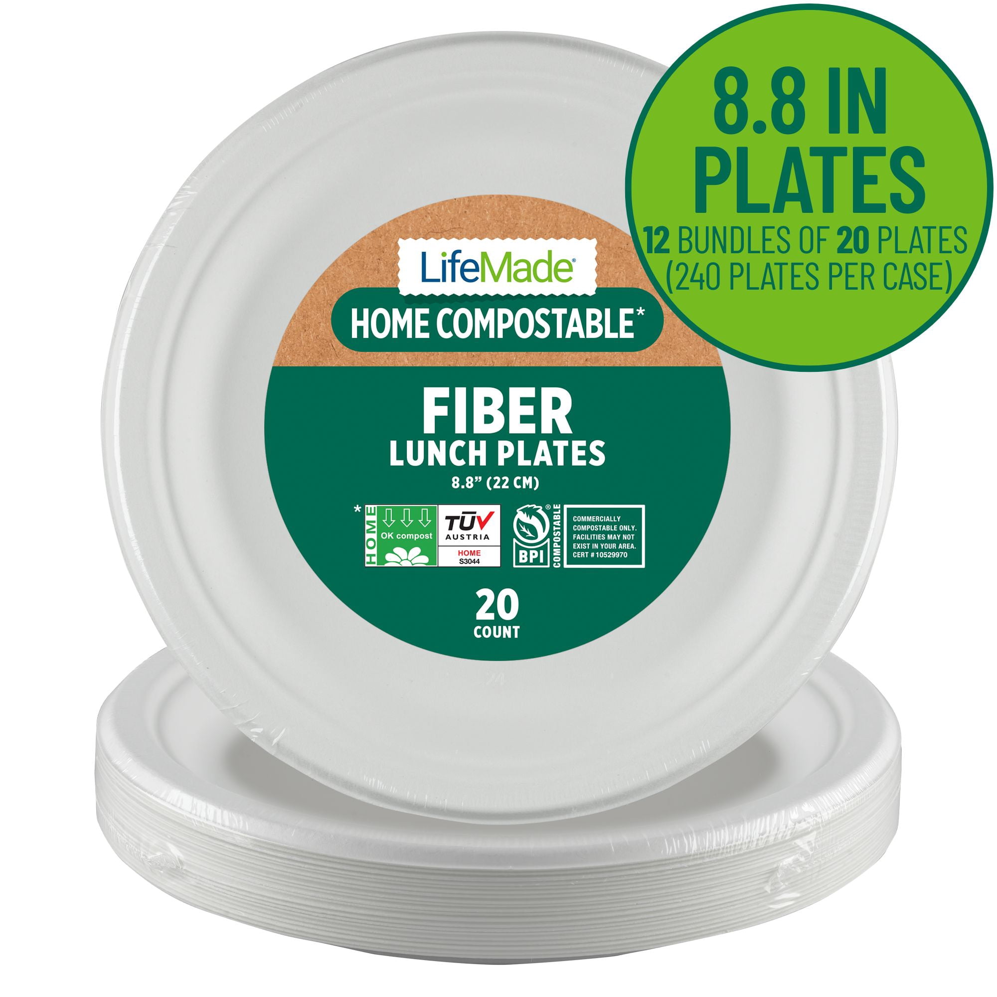 LifeMade 240 Count 8.8 in Lunch Plates Compostable Heavy-Duty Fiber, Home and Commercial Disposable