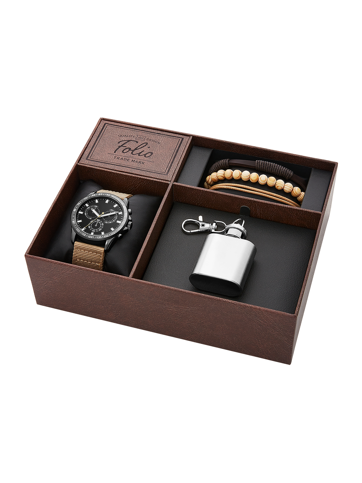 Folio Men's Gunmetal Tone Round Watch with Tan Nylon Strap, Layered Bracelets and Mini Flask Gift Set (FMDAL1157) - image 2 of 3