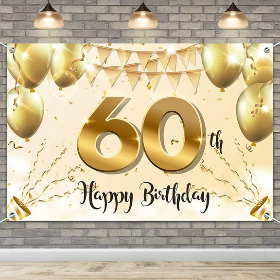 Happy 60th Birthday Banner Backdrop - 60 Years Old Birthday Decorations Party Supplies for Women - White Gold