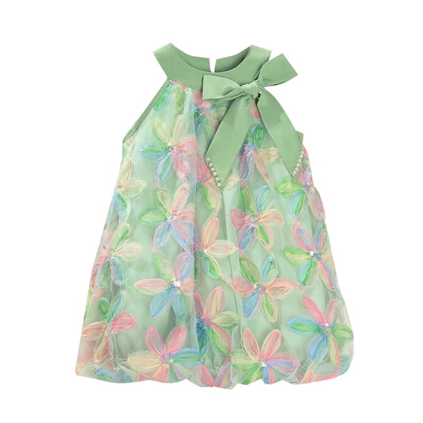 Odeerbi 3-7 Años Niñas Verano Floral Halter Burbuja Vestido Arco Lentejuelas Tulón Vestido de Princesa de Línea Para Fiesta Vacaciones En La Playa