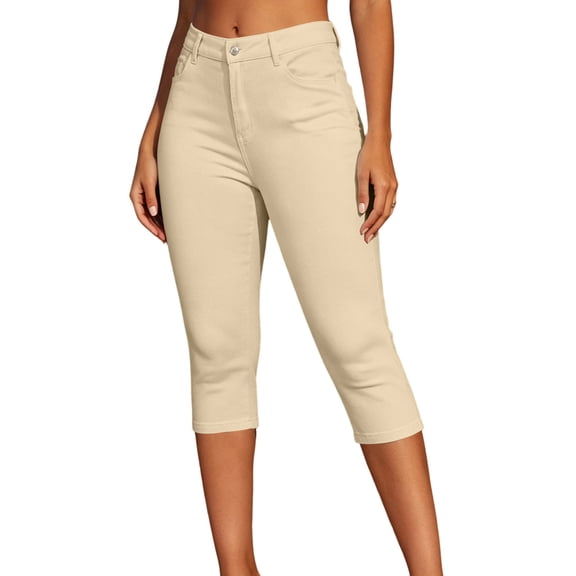 PWPSG Womens High-Waist Straight-Leg Denim Capri Pants with Button-Waistband and Washed-Finish, Classic Denim for street style outfits Yellow S