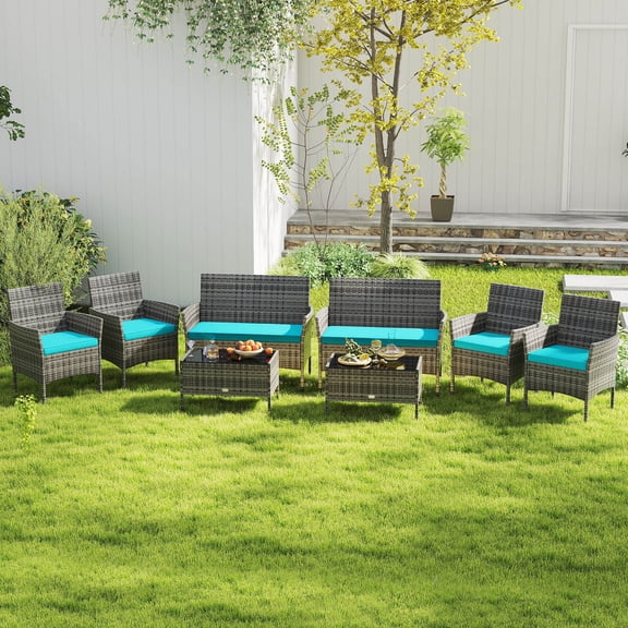 Costway 8 PCS Patio Furniture Set with Washable Cushions and Tempered Glass Coffee Table