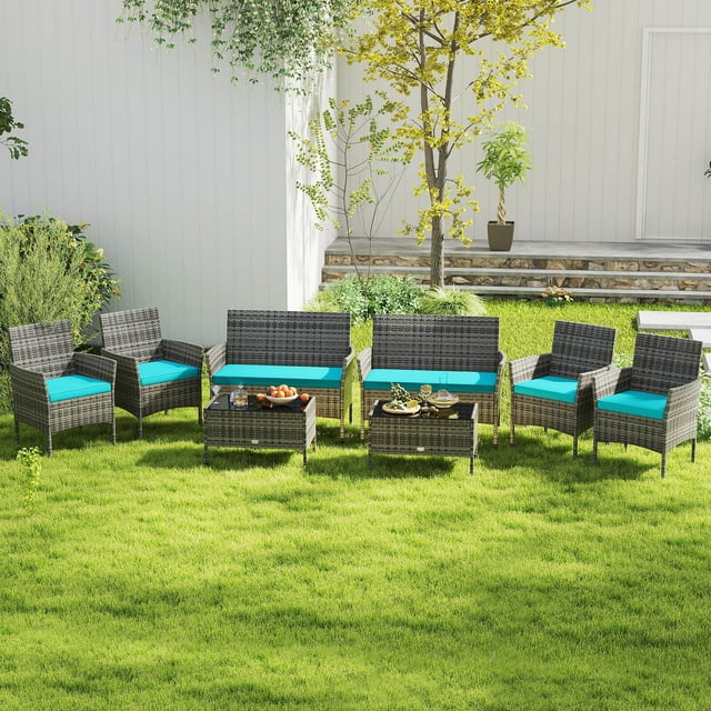 Costway 8 PCS Patio Furniture Set with Washable Cushions and Tempered Glass Coffee Table