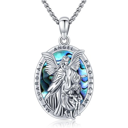 Oval Guardian Angel Necklace 925 Sterling Silver Abalone Shell Pendant with My Guardian Angel Protect Me Inscription, Religious Amulet Protection Catholic Jewelry for Men Women