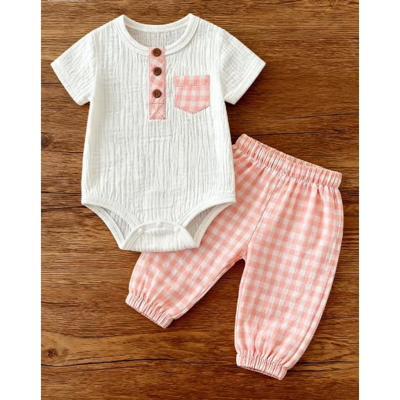 BemeyourBBs Newborn Baby Boy Girl Summer Clothes Cotton Linen Outfit Casual Button Crew Neck Short Sleeve Romper Plaid Pants 2 Pcs Set