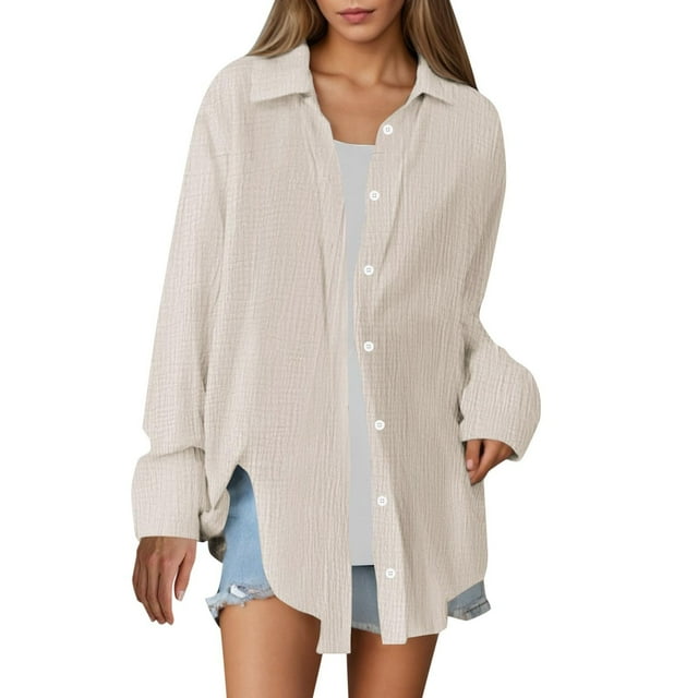 Dvprdro Hauts de Printemps pour Femmes Liquidation Tunique à Col à Revers Manches Longues Tendance Chemises Fluides Décontractées Été Imitation Coton Lin Hauts