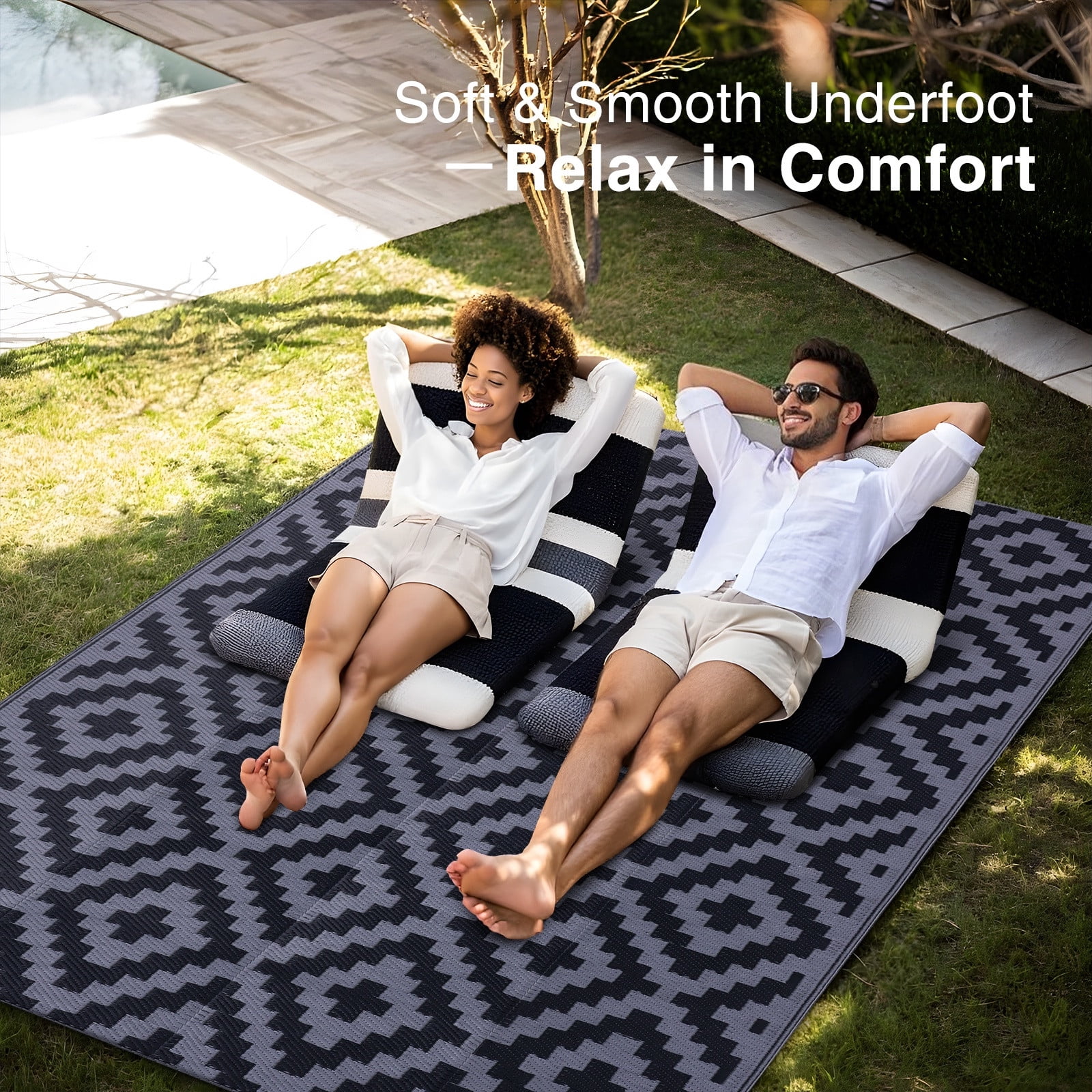 Smiry Outdoor Rug 8x10, Waterproof Reversible Plastic Outdoor Mat, Indoor Outdoor Rugs for Patio, RV, Deck, Porch, Black & Grey