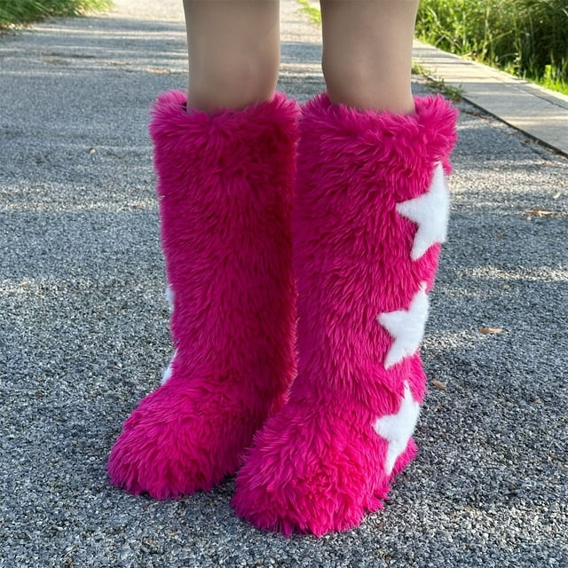 Styesk Bottes pour Femmes Bottes pour Femmes Mode Décontractée Talon Plat Hautes Chaudes d'Hiver Longues Bottes Poilues Bout Rond Mi-Mollet Bottes de Neige Bottes de Travail pour Femmes