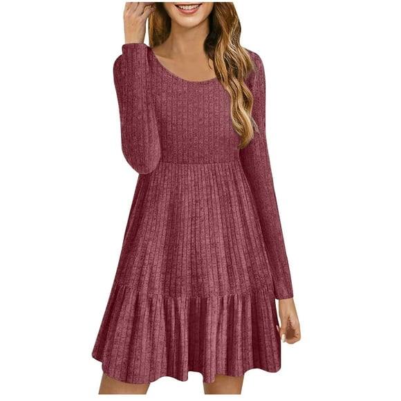 cfhntfmh Womens Long Sleeve Sweater Dress Soft Knit Long Sleeve Mini Dress Casual Fall Scoop Neck Ribbed Bodydoll Dress
