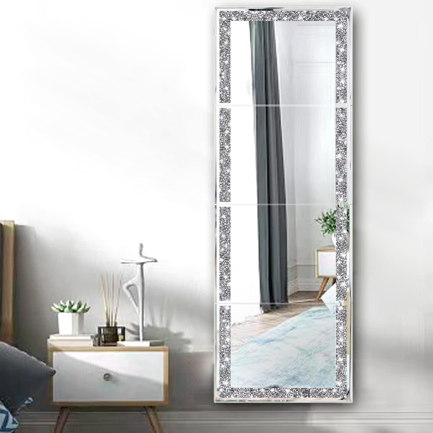 Full Length Mirror Tiles,Crystal Crush Diamond Full Body Wall Mirror,14''x11'' 4PCS Glass Frameless Make Up Mirror for Home Decor,Room Decor,Wall Decor.