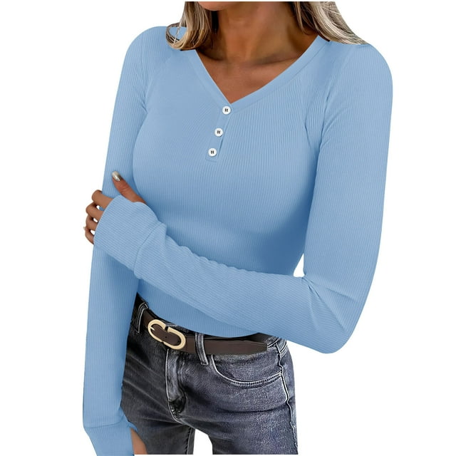 Wensltd Womens V Neck Button Down Shirt Spring and Fall Solid Color Casual Soft Long Sleeve Blouse