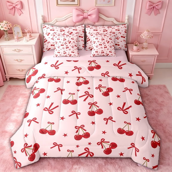spefrowx Pink Summer Cherry Twin Bedding for Women, Kawaii Bow Star Bedding Comforter Set, Pink Reversible, 7-Piece