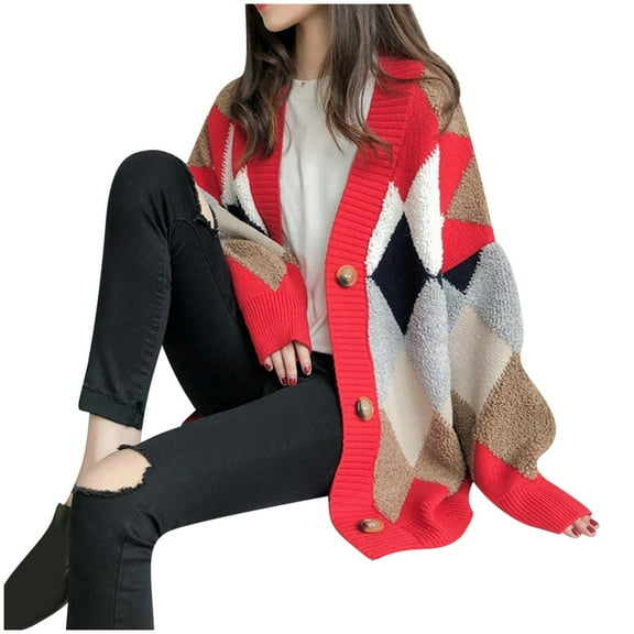 Itsame Loose Sweater for Womens Long Sleeve Button Cardigan Sweaters V-Neck Casual Relaxed Sweatertop Red Size Free Size