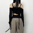 thumbnail image 5 of European and American Stylish girl style wasteland deconstructed beggar style sexy off-shoulder drawstring top hollow long-sleeved ribbon personalized T-shirt-Black-M, 5 of 6