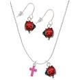 thumbnail image 1 of Delight Jewelry Silvertone Small Hot Pink Crystal Cross Red Lucky Ladybug Necklace and Dangle Earrings Set, 1 of 6