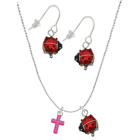 Delight Jewelry Silvertone Small Hot Pink Crystal Cross Red Lucky Ladybug Necklace and Dangle Earrings Set