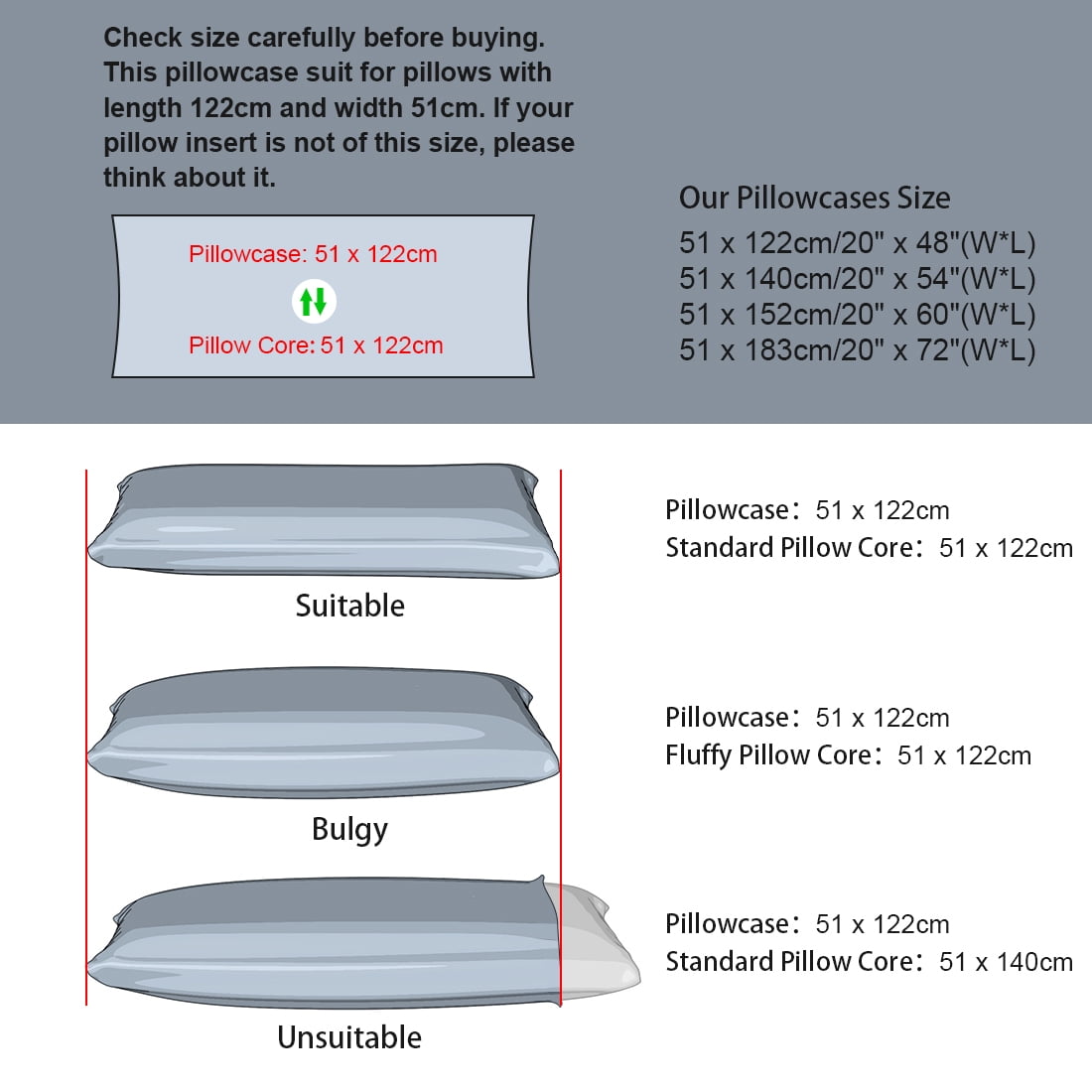 Unique Bargains 3 Pack 100% Cotton Body Pillow Cases Covers with Zipper White 20" x 48"