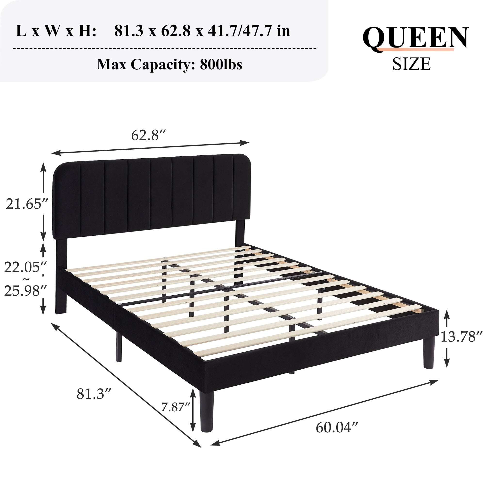 VECELO Queen Size Bed Frame, Modern Upholstered Platform Bed Frame with Adjustable Headboard, Wooden Slats Support/No Box Spring Needed, Black