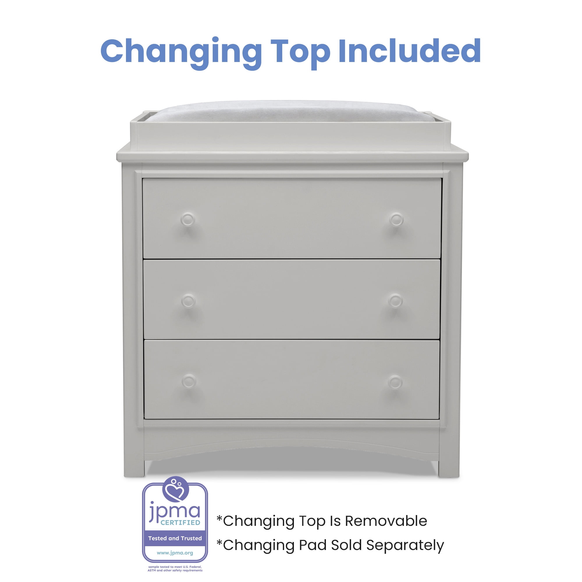 Delta Children Perry 3 Drawer Dresser with Changing Top and Interlocking Drawers, Moonstruck Grey