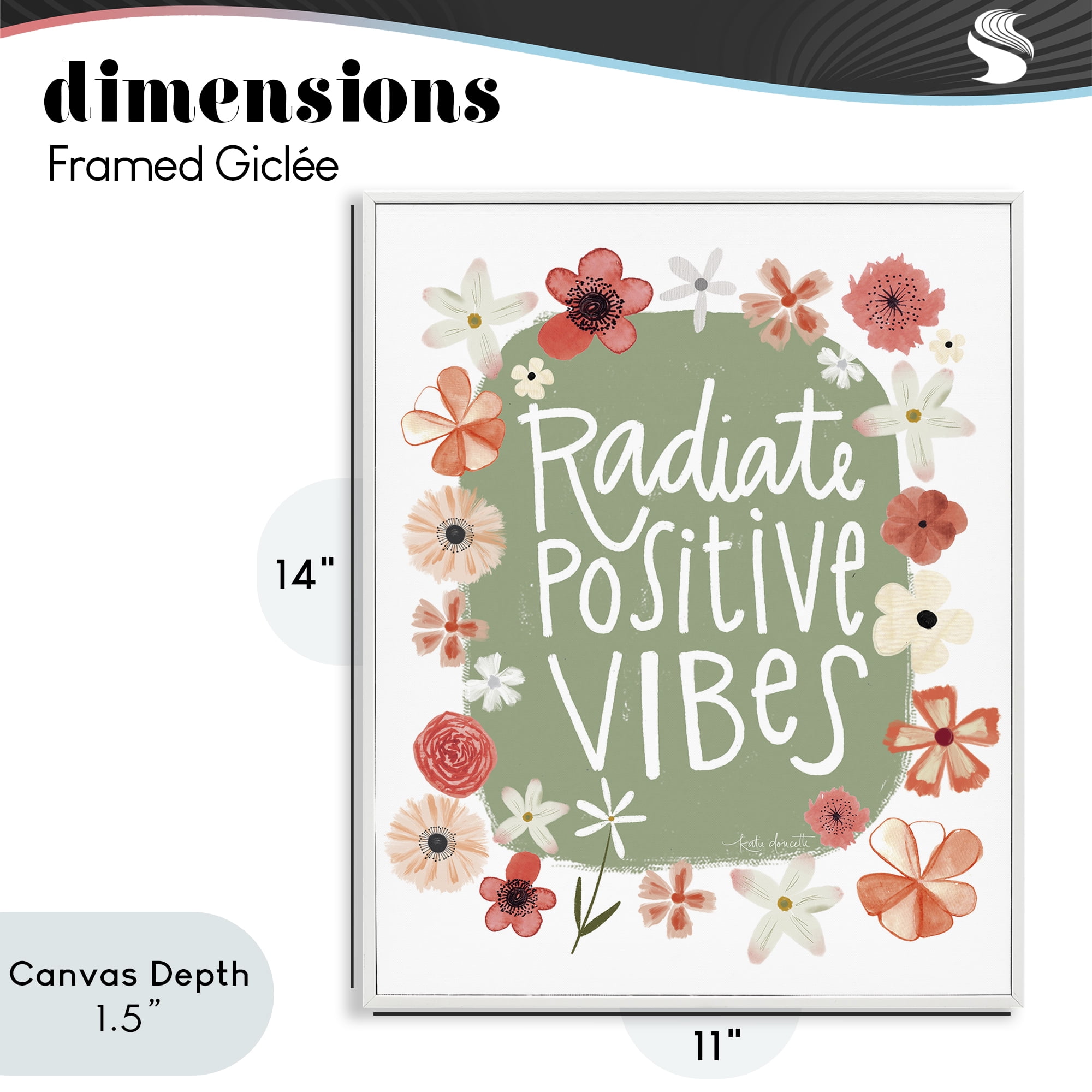 Stupell Industries Floral Radiate Positive Vibes White Framed Giclee Art, design by Katie Doucette