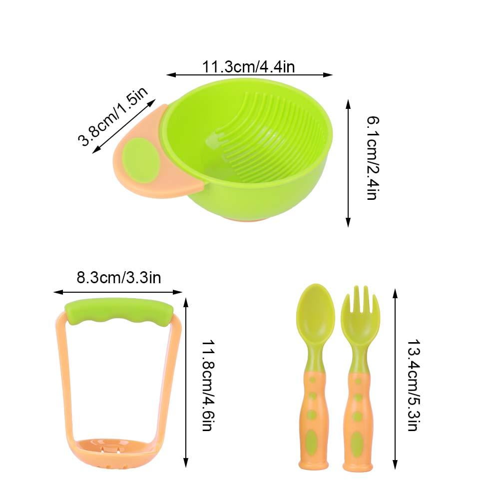 LAZIOEGR 4-Piece Baby Food Masher & Serve Set – Food-Grade PP Bowl, Fork & Spoon, Non-Slip Base, Spinning Handle, Orange & Green