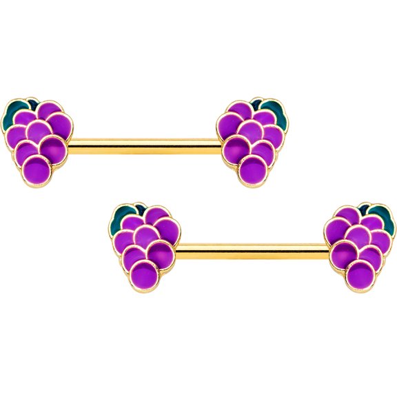 Body Candy 14G Womens Nipplerings Piercing PVD Steel 2Pc Purple Grapes Fruit Nipple Ring Set 9/16"