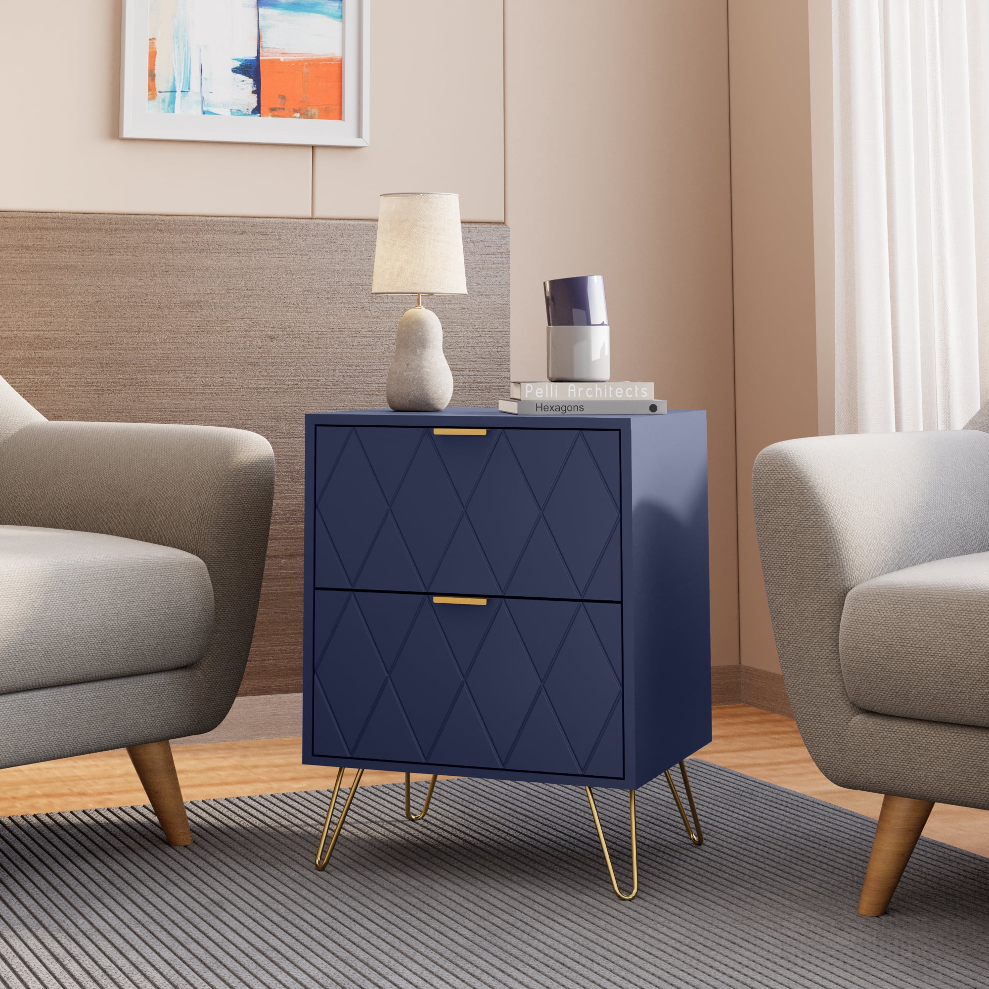 Eclife Set of 2 Nightstands Gold Handles Legs End Table for Bedroom Home Adult Kids, Navy Blue