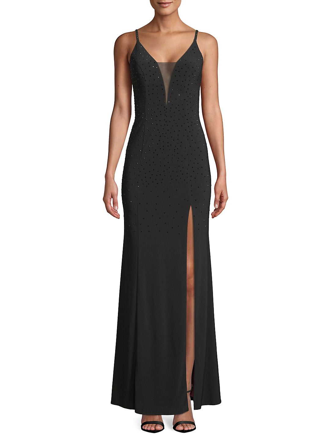 betsy & adam sequin & mesh overlay gown