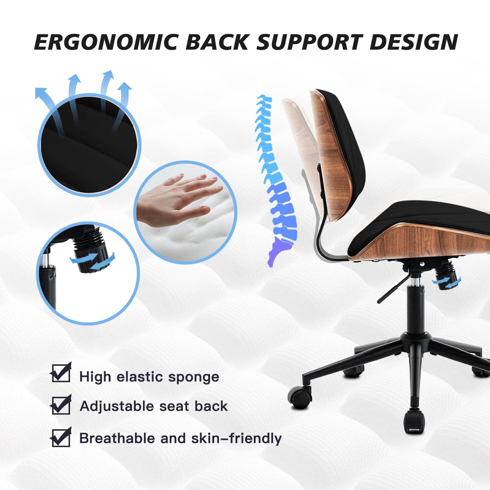 Rongbuk Home Office Chair, PU Leather Comfy Office Desk Chair with Wheels, Adjustable 360° Swivel Ergonomic Computer Chair, Armless Modern Vanity Chair Walnut Chair for Home Office, Black
