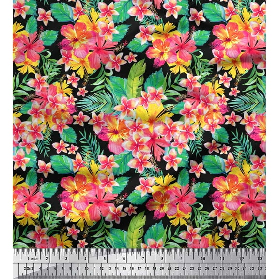 Soimoi Black Cotton Duck Fabric Plumeria & Floral Fabric Prints By Yard 44 Inch Wide
