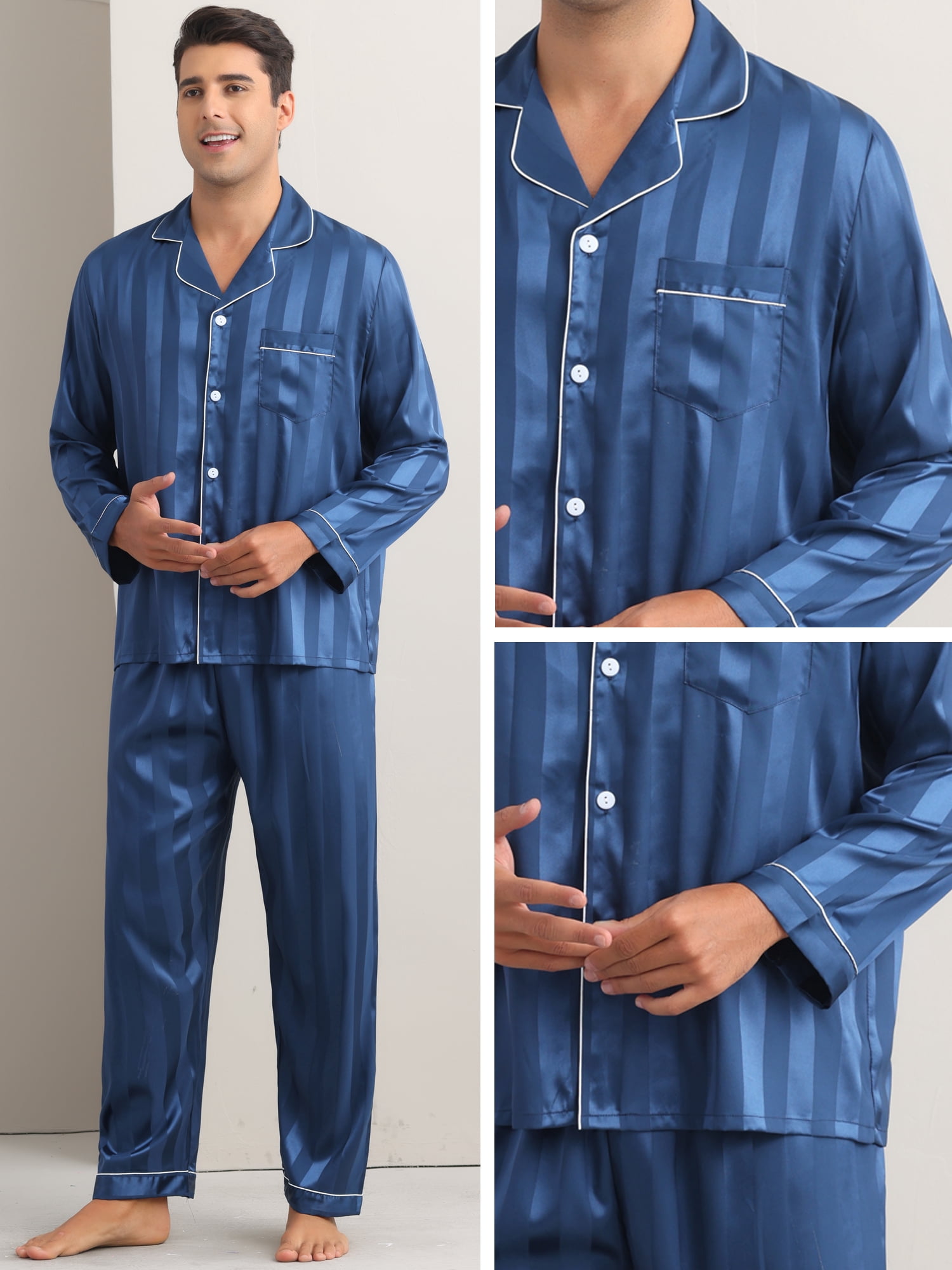 DARING DIVA Men's 2-Piece Long Sleeve Top And Pants Striped Pajama Set M Navy
