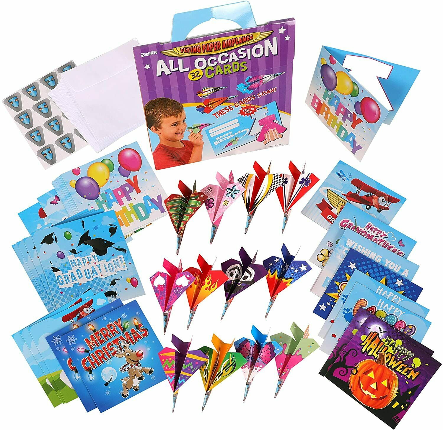 KANGAROO MANUFACTURING 32 Folding Paper Airplanes All Occasion Greeting Cards with Envelopes and Stickers for Valentine's, Easter, Mother's Day, Graduation, Father's Day, Birthday, Thank you, Get Well, Halloween, Christmas
