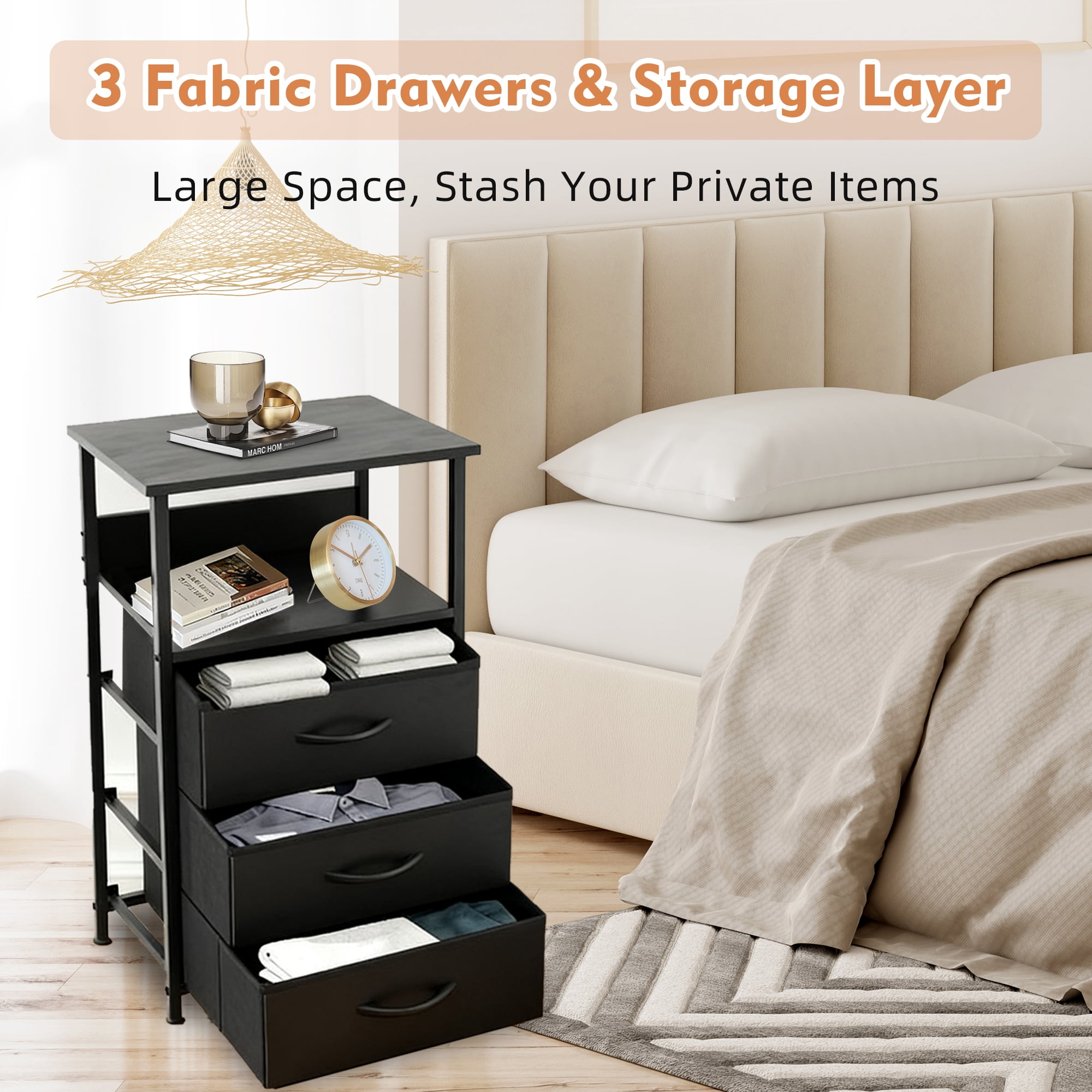 YEEZEE Bedside table with 3 fabric-covered drawers and an open shelving unit,ideal for bedrooms, entryways, and college dorms, easy to assemble. black