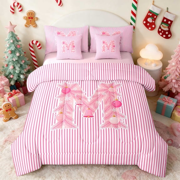 Manfei Initial Twin Bedding 7pcs Christmas Bedding Comforter Set, Pink N, Pink Reversible