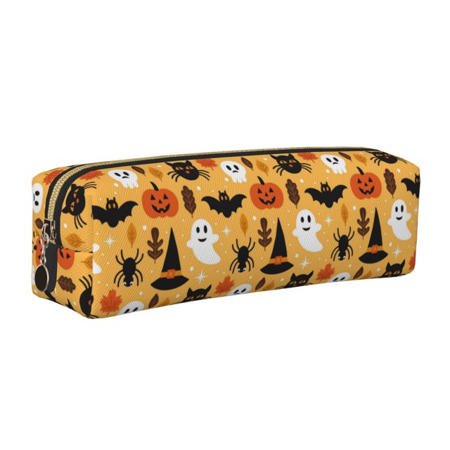 Easygdp Happy Halloween para Estuche de Lápices de Cuero, Estuche de Papelería de Cuero, Estuche de Gran Capacidad con Cremallera