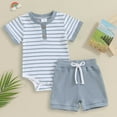 thumbnail image 2 of Jiilone Baby Boys Outfits Sets Summer Short Sleeve Striped Print Romper Jumpsuit With Shorts 2 Piece Soft Boys Clothes Sets, 2 of 7