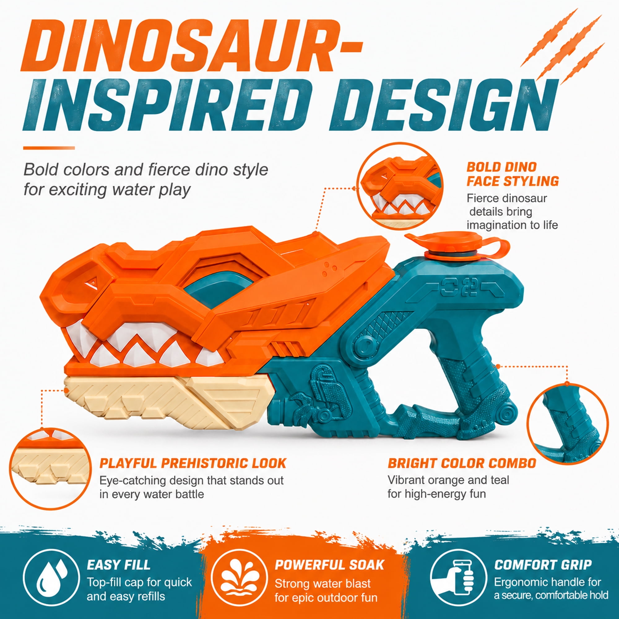 Kids Pump Action Water Blaster Toy 2-Pack, 1 Dino Style and 1 Rhino Style, Outdoor Squirt Toys for Pool, Beach, Backyard Summer Play, Ages 3+