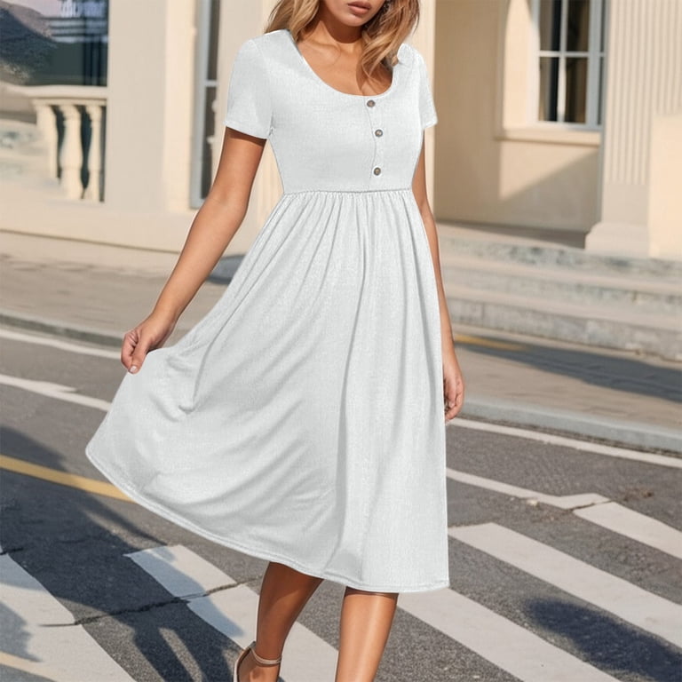 Women's Printed Casual Round Neck Button Down Short Sleeve Knee Length Sun Dress Dressy Dresses Midi Dress for Women Casual Summer Swing Dress with ... Women's Printed Casual Round Neck Button Down Short Sleeve Knee Length Sun Dress Dressy Dresses Midi Dress for Women Casual Summer Swing Dress with ...