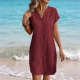 thumbnail image 3 of TAGOLD Womens Short Sleeve V-Neck Dress Linen Solid Color Loose Casual Dress For Summer Daily Wear, 3 of 5