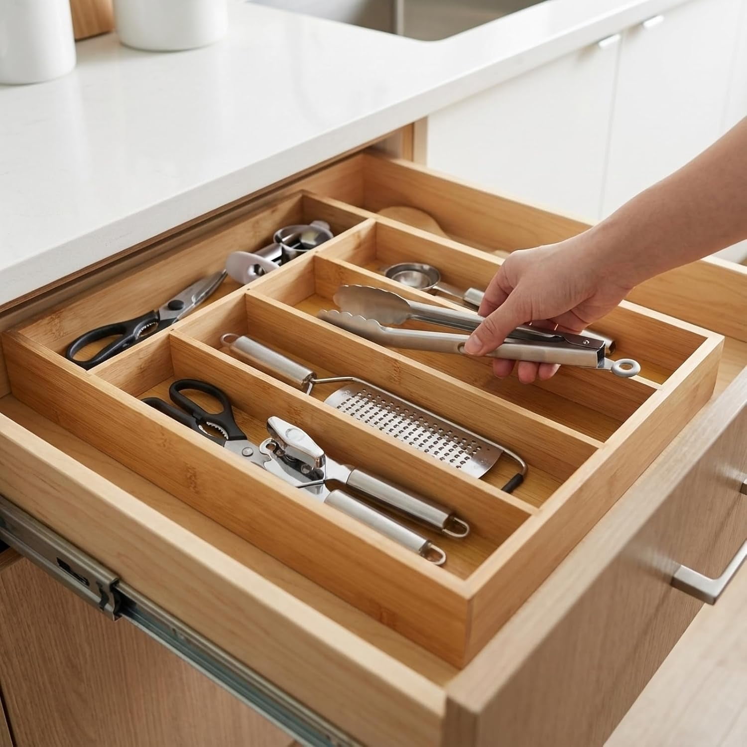Wooden for Drawer, Bamboo Utensil Drawer Organizers, Kitchen Utensil Organizer Tray with 5 Storage Compartments, Flatware Organizers for Cutlery Flatware 13.1 x 9.8 x 1.5"