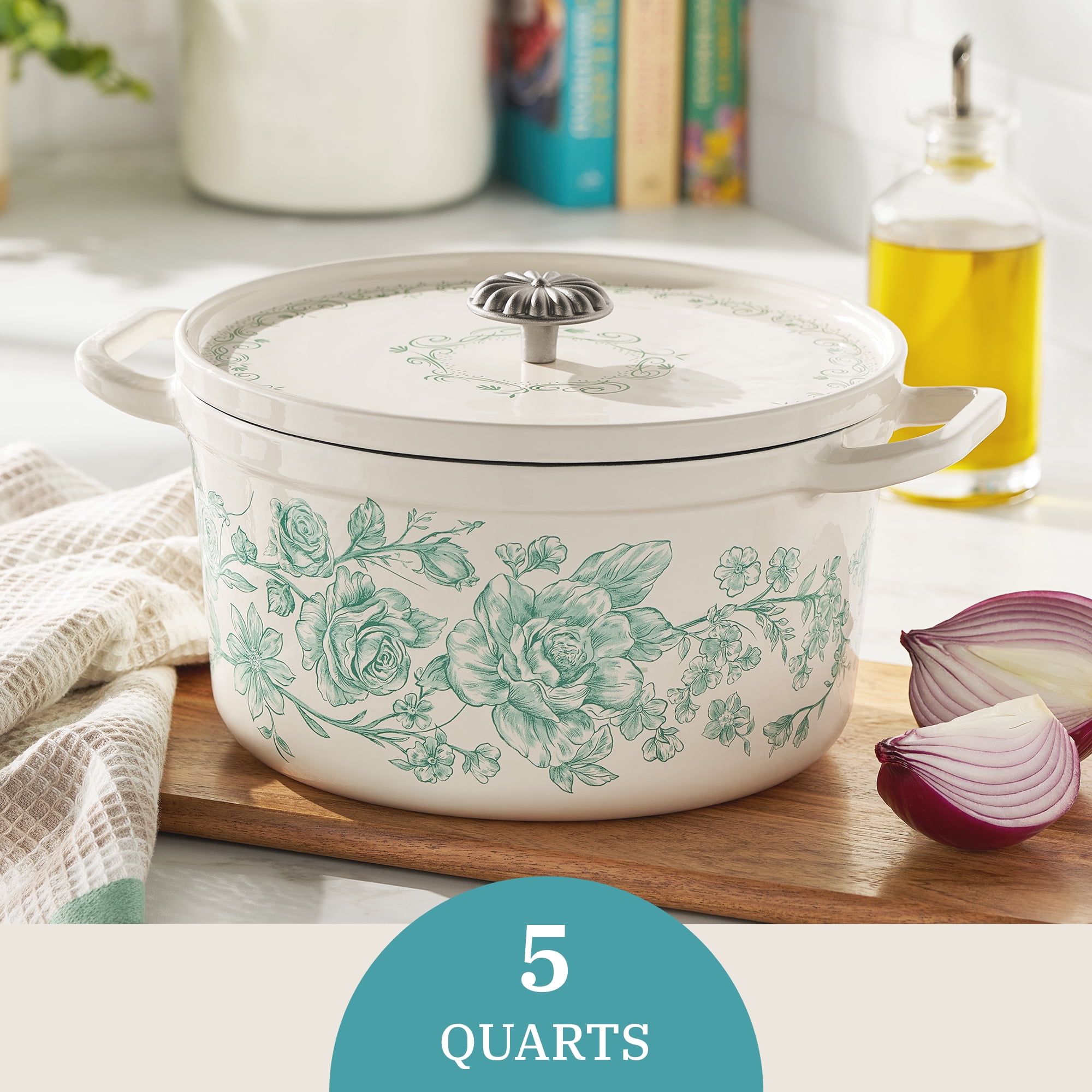 The Pioneer Woman Agatha Enameled Cast Iron 5-Quart Dutch Oven, Green Floral